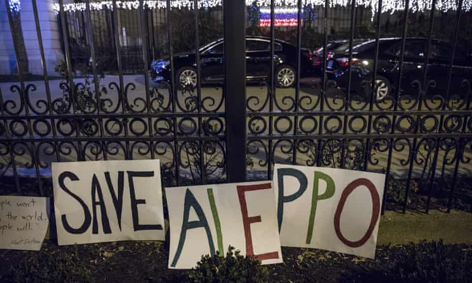 Signs for the people of Aleppo at the Russian ambassador’s residence in Washington, USA.