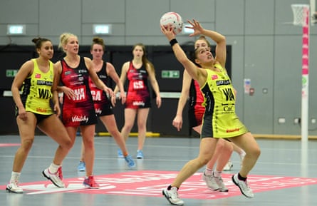 Liana Leota of Manchester Thunder takes the ball in the air during the Vitality Netball Superleague match against Strathclyde Sirens in April 2019.