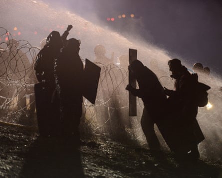 Police use a water cannon on protesters during a protest near Cannon Ball, North Dakota, in November 2016.