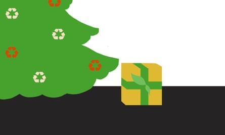 Illustration of a Christmas tree decorated with the recycle symbol and with one present under it.