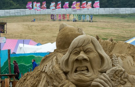 Jeremy Corbyn Makes A Guest Appearance At Glastonbury FestivalGLASTONBURY, ENGLAND - JUNE 24: A sand sculpture of British Prime Minister Theresa May, which took two days to build, is seen in the Park area at Glastonbury Festival Site on June 24, 2017 in Glastonbury, England. Labour Party leader Jeremy Corbyn will be addressing crowds at Glastonbury at both the Pyramid Stage and Left Field Stage. During the 2017 General Election Mr Corbyn surprised many as he made significant gains with his party, partially due to galvanising young voters when 61.5% of under 40’s voted Labour. (Photo by Chris J Ratcliffe/Getty Images)
