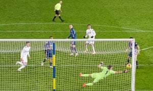 Patrick Bamford’s header beats Bernd Leno but hits the post.