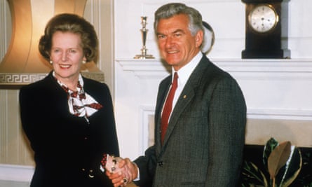 Former UK prime minister Margaret Thatcher and former Australian PM Bob Hawke