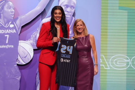Kamilla Cardoso poses with WNBA commissioner Cathy Engelbert after she was selected by the Chicago Sky with the No 3 pick on Monday night.