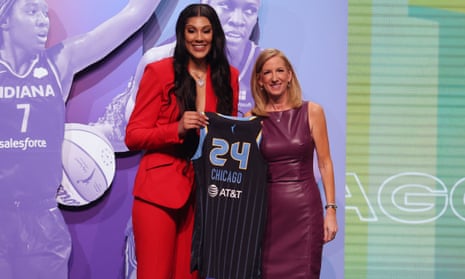 Kamilla Cardoso poses with the WNBA commissioner Cathy Engelbert after she is selected with the No 3 overall pick to the Chicago Sky