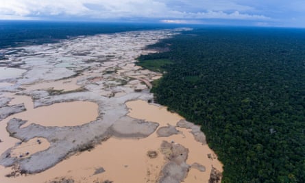 An area deforested by illegal gold mining in the Madre de Dios province of Peru.