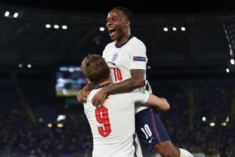 Raheem Sterling gets a lift from Harry Kane after England’s captain scored the third goal against Ukraine.
