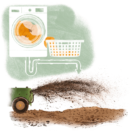 Illustration of a washing machine with a waste pipe u-bend turning into an arrow pointing at a truck spraying fertiliser over a farm