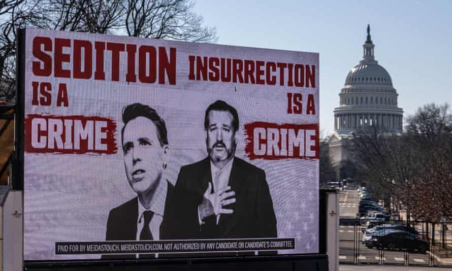 Activists target Senators Ted Cruz and Josh Hawley near the US Capitol.