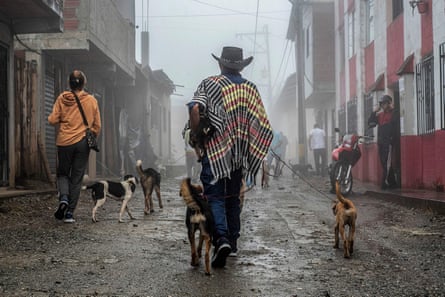 Displaced people walk in rain drenched street with dogs