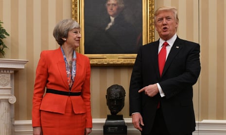 Donald Trump with Theresa May and a bust of Winston Churchill in the Oval Office in January 2017. The visit was Trump’s first meeting with a major foreign leader.