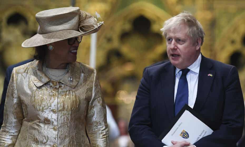 Patricia Scotland speaks with Boris Johnson on Commonwealth Day, March 14, 2022.