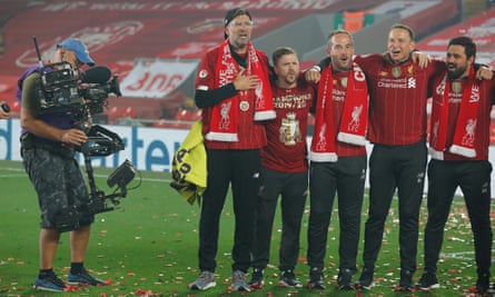 Jürgen Klopp leads a rendition of You’ll Never Walk Alone after Liverpool’s Premier League title win in 2020