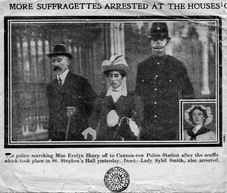 Evelyn Sharp being arrested in 1913.