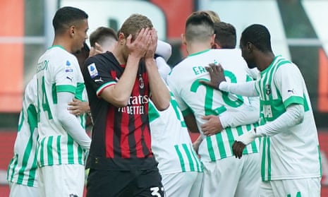 Tommaso Pobega holds his head in his hands after Matheus Henrique scored Sassuolo’s fifth goal