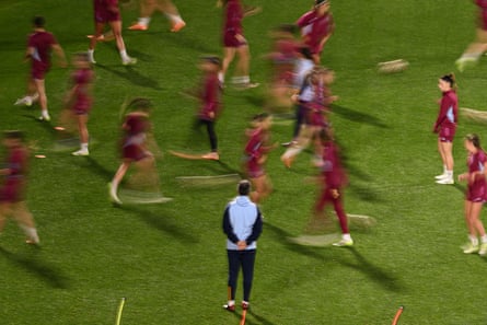 Jorge Vilda watches his Spain players in training.