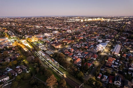 An aerial view of the suburb of Belmore, looking towards Lakemba in Sydney, Australia. 