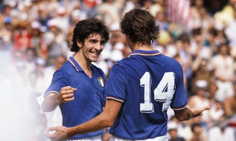 Paolo Rossi celebrates his second goal against Poland of the 1982 semi-final with Marco Tardelli.
