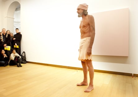Ulay – Uwe Frank Laysiepen – performs A Skeleton in the Closet at the Stedelijk Museum, Amsterdam, in 2014.