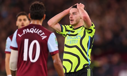 Arsenal midfielder Declan Rice holds his head in defeat to West Ham.