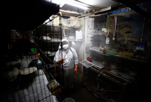 A Thai official sprays disinfectant to curb the spread of coronavirus at an animal market in Bangkok