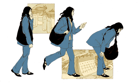 images show a woman walking, then running, then bending over, tired. in the background are a calendar and vials