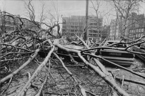The Burns’ Day storm on 26 January 1990, Charterhouse Square, London. The storm resulted in 47 deaths across the UK.