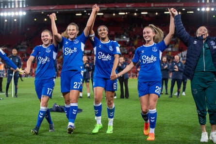 Gabby George at the centre of Everton’s celebrations after their win over Liverpool at Anfield last month.