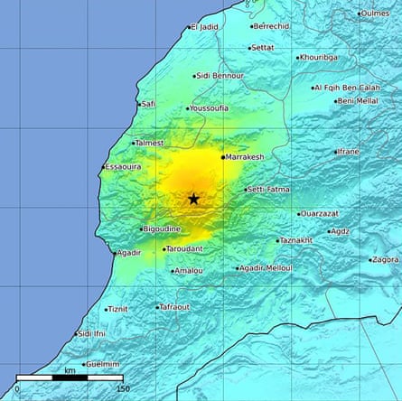 A shake map showing the location of the quake