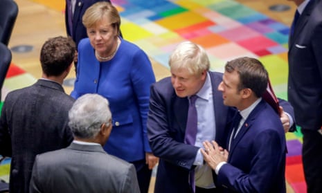 Angela Merkel, Boris Johnson and Emmanuel Macron at the EU leaders summit, 17 October 2019. 