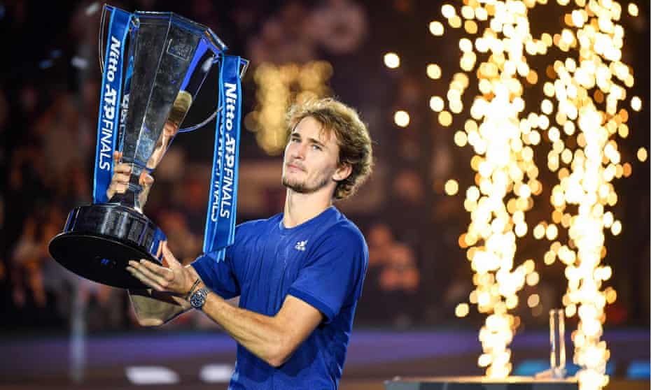 Alexander Zverev celebrates with the trophy in Turin, after beating the world No 2 Daniil Medvedev.