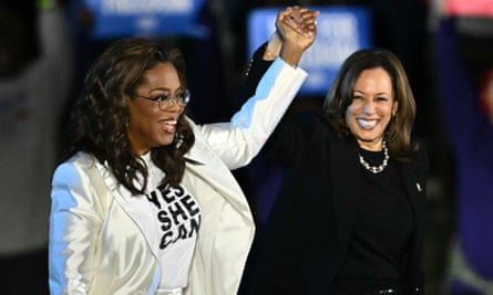 Oprah Winfrey and Harris at a marketing campaign rally in Philadelphia, Pennsylvania, on 4 November.