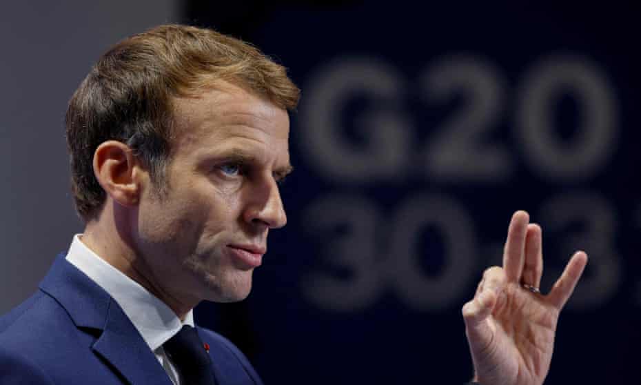 Emmanuel Macron at a press conference during the G20 summit in Rome