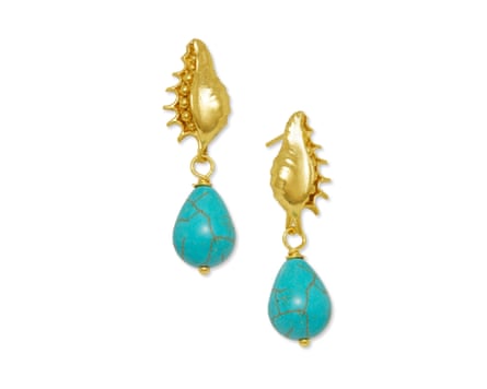 Gold seashell and turquoise drop stud earrings