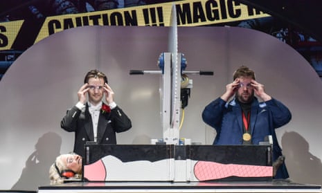 Cutting edge … Henry Shields, Henry Lewis and Roxy Faridany in Magic Goes Wrong.