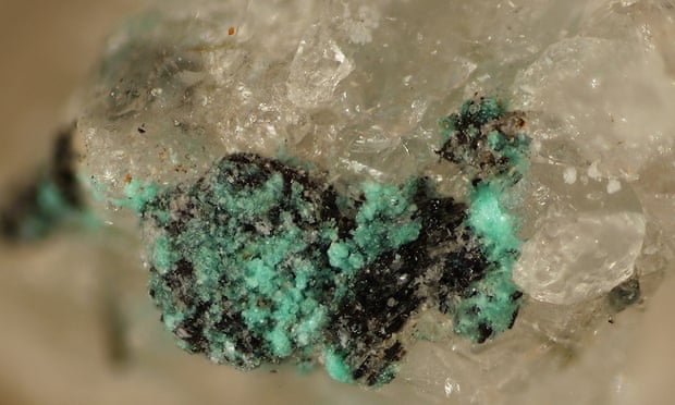The blue fine-grained copper crust of chalconatronite, here from Mont Saint-Hilaire in Quebec, Canada, in a sample donated by Michael Scott. rruff.info/chalconatronite