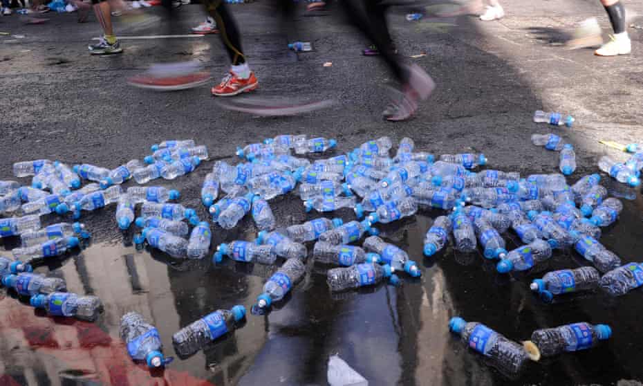 Masses of discarded water bottles during the London Marathon. 