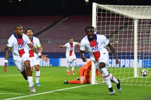 Moise Kean celebrates after scoring PSG’s third goal.