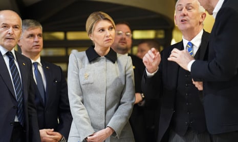 First lady of Ukraine Olena Zelenska during the opening of a Russian war crimes exhibition at Portcullis House, London.