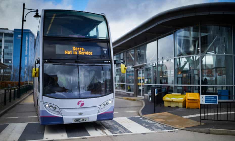 First Manchester bus with 'sorry out of service sign' at Oldham bus