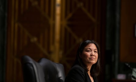 Julie Su appears before a Senate committee on her nomination to be deputy secretary of labor in March 2021.
