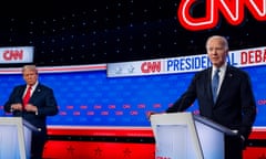Donald Trump (L) looks at US president Joe Biden during the CNN presidential debate at the CNN Studios on 27 June 2024 in Atlanta, Georgia.