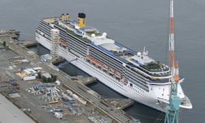 An aerial view of the Italian cruise ship Costa Atlantica in Nagasaki, Japan.