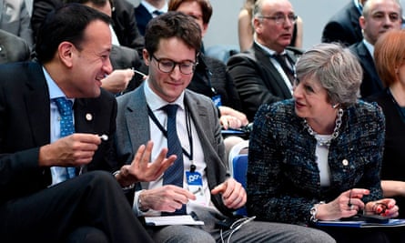 Leo Varadkar and Theresa May chat before a session at the European social summit in Gothenburg.