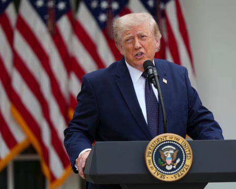 Donald Trump speaks at a lunch in the White House Rose Garden.