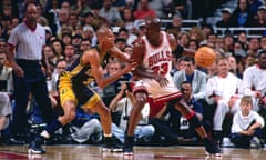 Reggie Miller of Indiana Pacers defends Michael Jordan Chicago Bulls during Game 7 of the 1998 Eastern Conference finals.