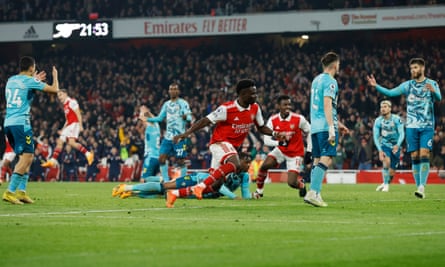 Arsenal’s Bukayo Saka (centre) celebrates after making it 3-3 late on against Southampton at the Emirates last month.