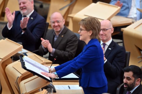 Nicola Sturgeon at first minister’s questions in Holyrood today, her first FMQs since she announced her resignation last week.