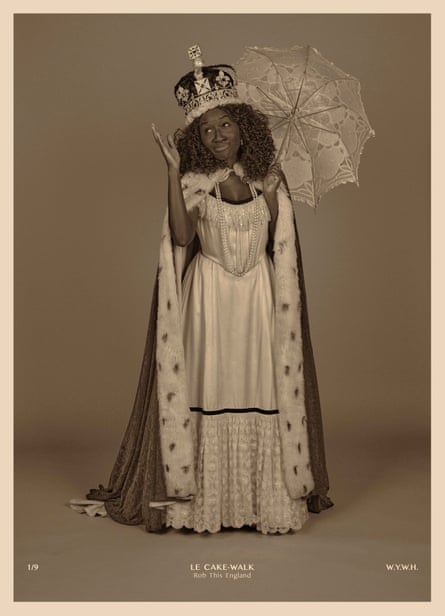 Le Cake-Walk: Rob This England (#1), 2020, by Heather Agyepong: a black woman shrugs in a crown and regal ermine, carrying a parasol