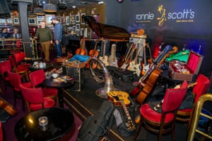 Donated instruments on the stage at Ronnie Scott's.